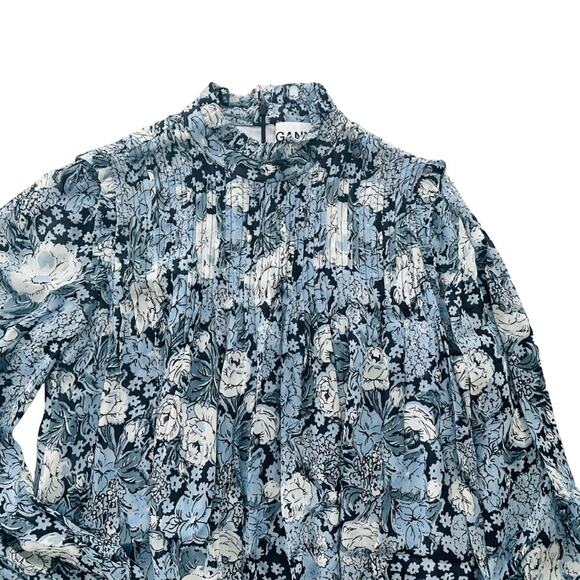 GANNI Elm Georgette Mini Dress Blue Floral Size 40 Long Sleeve Modest Viscose - Picture 4 of 13